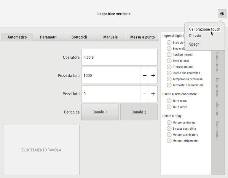 Pagina ciclo di produzione in automatico