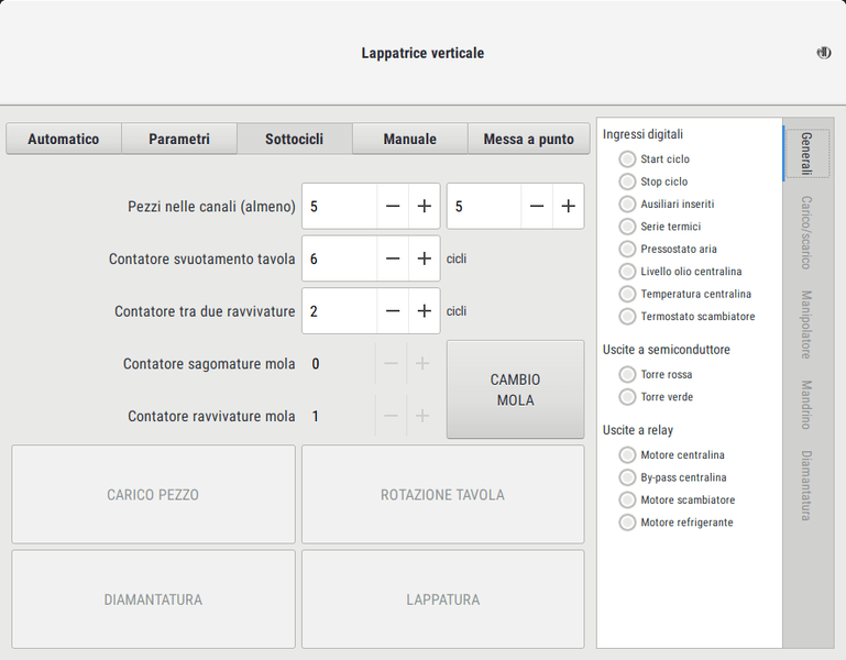 Pagina sottocicli, i.e. modalità semiautomatica